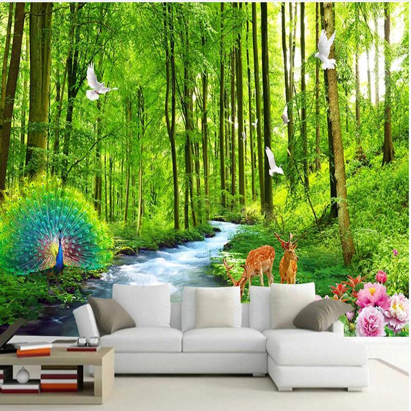 3d обои с лесом, ручей и вода, фотообои, гостиная, спальня, детская комната, настенная роспись с лесом, домашний декор