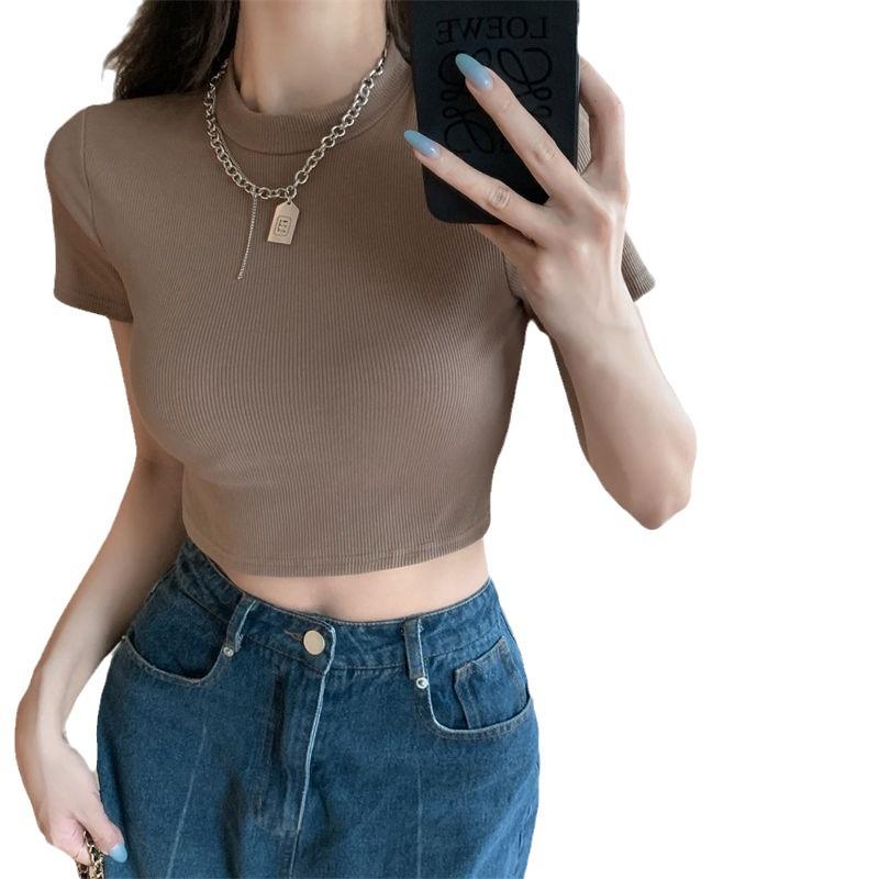 Women's Summer Cropped T-Shirt: Sexy Tight-Fit, Short-Sleeve, Half-High Collar Top