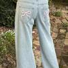 Женские джинсы с высокой талией и широкими штанинами с вышивкой и бантом, сплошной цвет, свободные карманы, карманы, пуговицы, застежка-молния, прямые джинсовые брюки полной длины