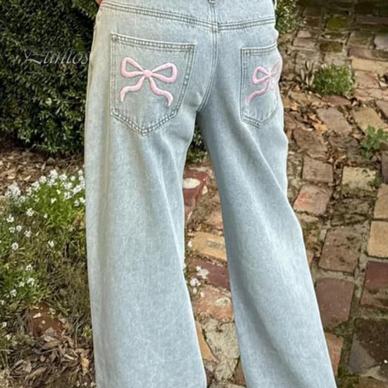 Женские джинсы с высокой талией и широкими штанинами с вышивкой и бантом, сплошной цвет, свободные карманы, карманы, пуговицы, застежка-молния, прямые джинсовые брюки полной длины