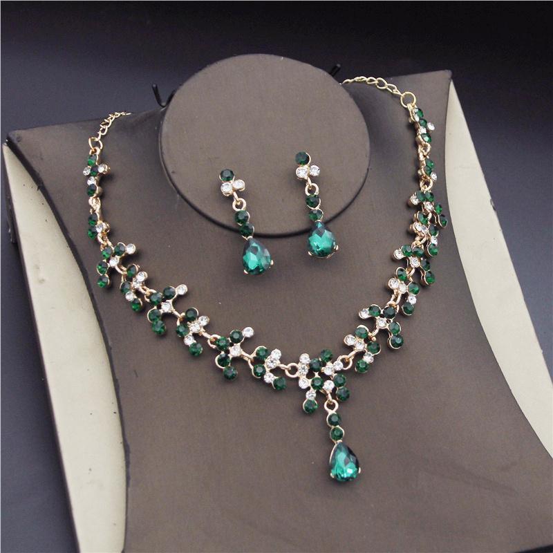Crystal Bridal Wedding Jewelry Sets Women Gold Color Rhinestone Necklace Long Earrings Set Dress Accessories Bridesmaid