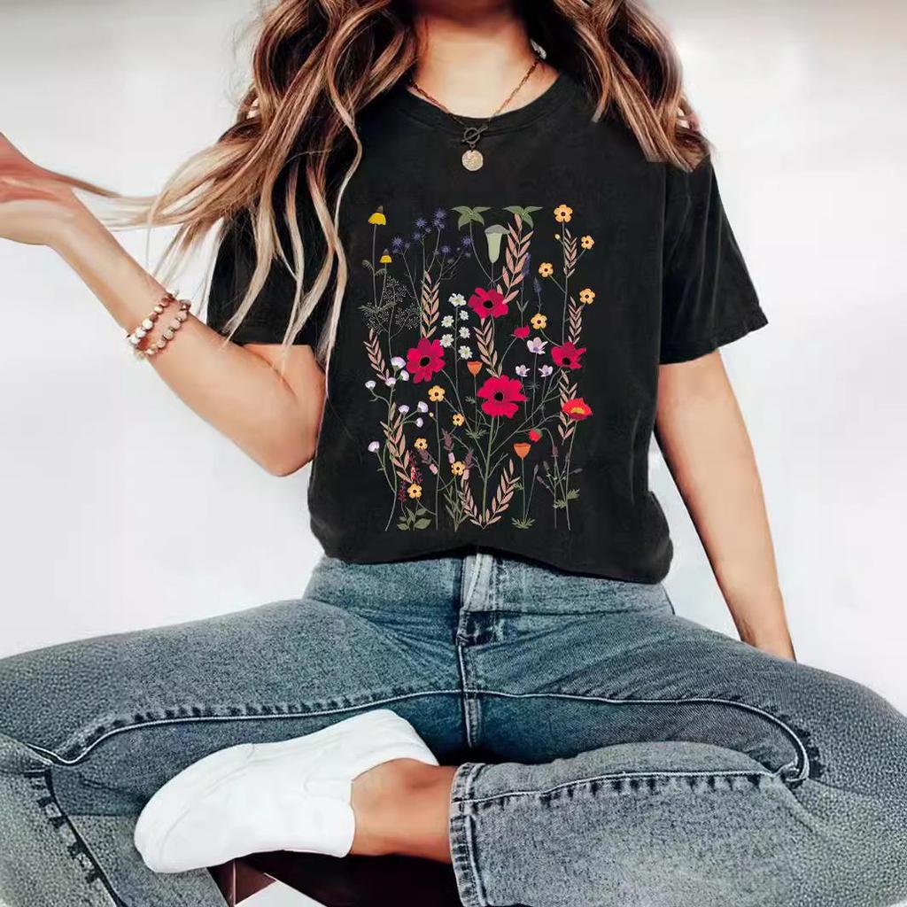 Floral Print Round Neck Short Sleeve Women's Summer T-Shirt