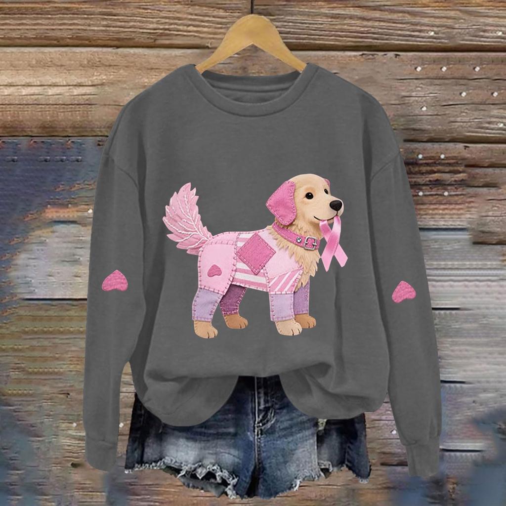 Breast  Sweatshirts For WomenRibbon Breast  Shirt Cute Dog Graphic  Long Sleeve Tops