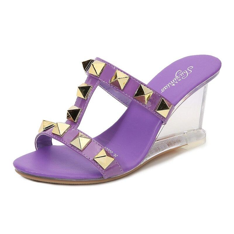 Женские прозрачные модные сандалии высокого качества на танкетке со стеклом, прозрачные босоножки на каблуке с заклепками LFD