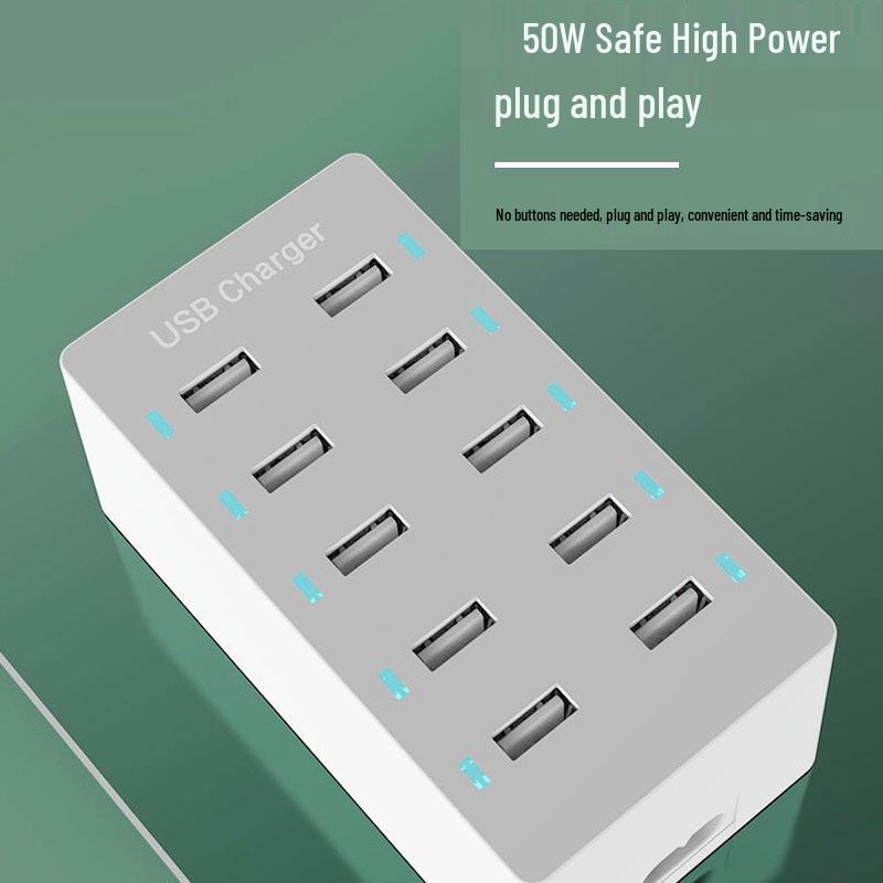 50W Multi-Port Power Strip: 10 USB Charger for Mobile Phones with US, EU, and UK Plugs