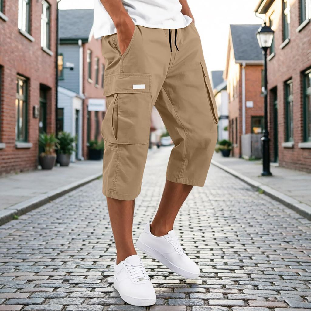 Men’s Drawstring Cargo Pants Multi Pocket Relaxed Fit Seven Quarter Length Casual Trousers for Daily Wear Outdoor Activities