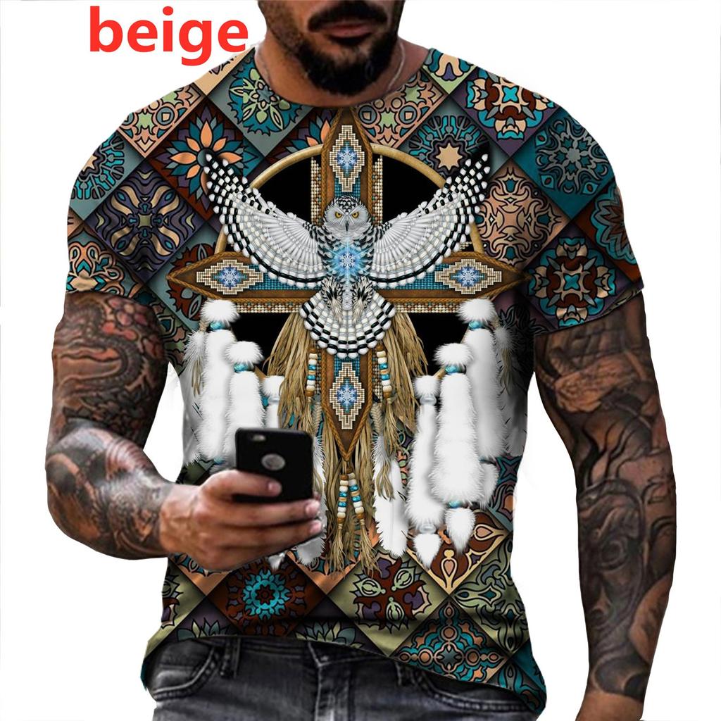 Native Indian Wolf 3D Printed T Shirt Retro Short Sleeve O-neck Funny Tees Unisex Color-blocking T-shirt Slim Clothing