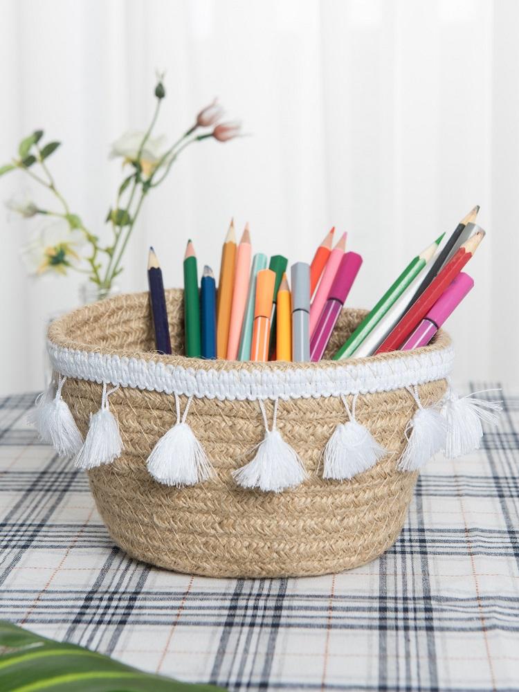 Vintage Jute Woven Storage Basket Nordic Home Cotton Thread Tassel Sorting Box Weaved Organizing Bin for Living Room Decor