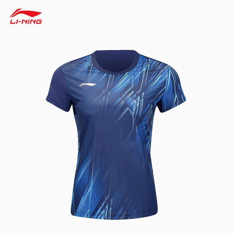 Li-Ning Тренировочная Соревновательная Быстросохнущая Дышащая Футболка с коротким рукавом Женские топы Глубокий Синий AAYU150-1