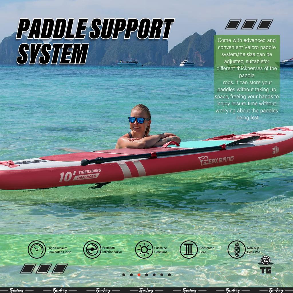 TIGERXBANG Надувная доска для гребли стоя SUP Длина 305 см Ширина 80 см Толщина 15 см с премиальным веслом для SUP-доски для Defender Розовые аксессуары,