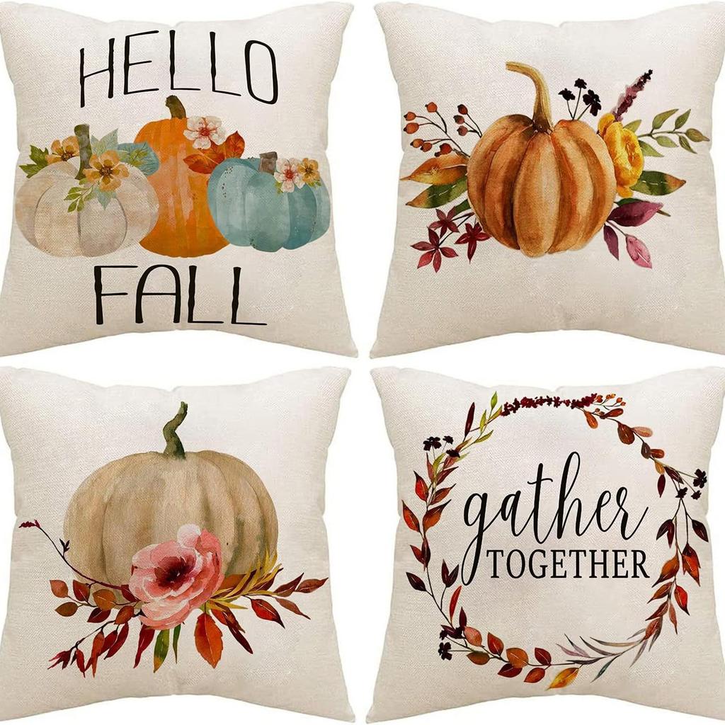 Скандинавская мода Квадратная льняная наволочка Дизайн ко Дню благодарения Осенний урожай Мультяшный принт тыквы Наволочка для подушки