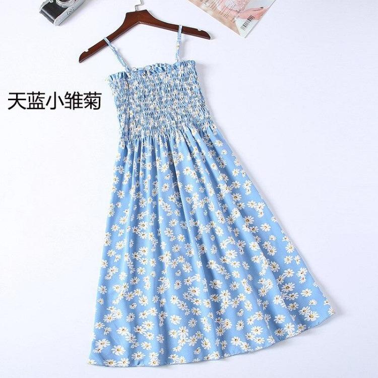 2023 Summer Floral Printed Chiffon Mini Dress Women Casual Fashion Spaghetti Strap Sleeveless Elastic High Waist Dress