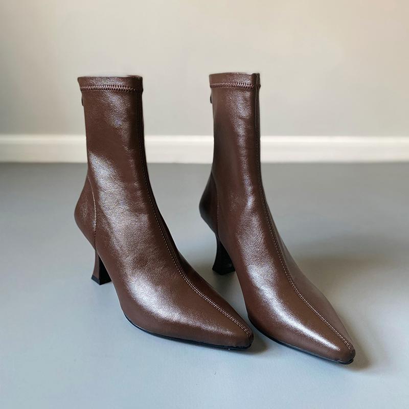 Осень Зима Женские Ботильоны с Острым Носком, Обувь на Молнии, Уличный Стиль, Толстый Высокий Каблук, Современные Короткие Ботильоны