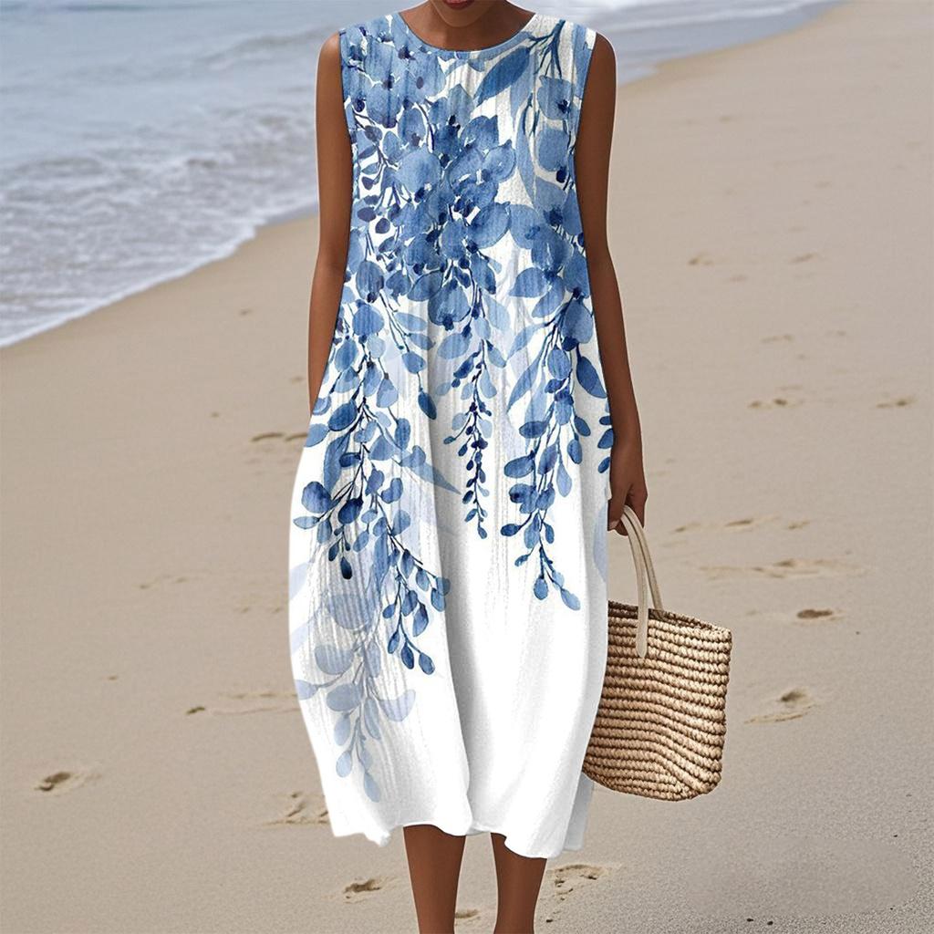 Women's Fashion Casual Sleeveless Round Neck Floral Print Elegant Temperament Dress