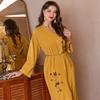 Women's Yellow Hooded Asymmetric Handmade Rhinestone Robe Loose Muslim Dress Abaya