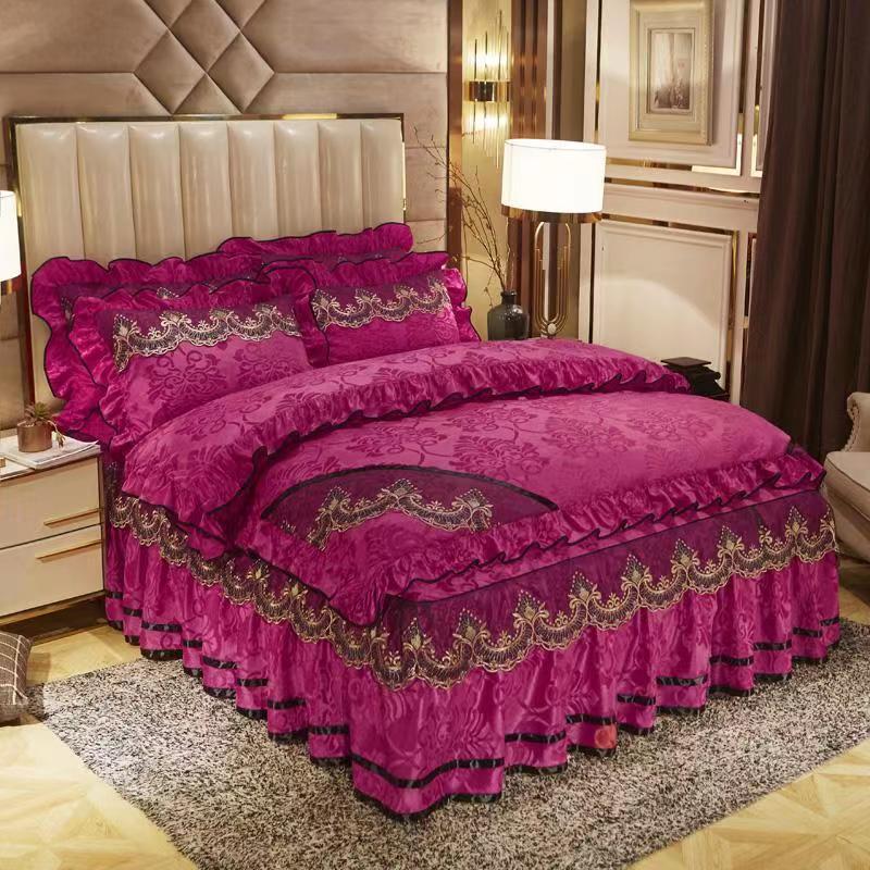 Размер King Size/Queen Size/Twin Size Кружевная юбка-кровать Пододеяльник Наволочка Комплект из четырех предметов Утолщение Теплая спальня Простое постельное белье Высокое качество Осень Зима