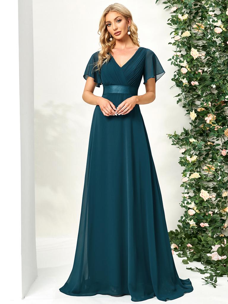 Ever-Pretty Women's Double V-Neck Empire Waist Floor Length Chiffon Evening Dresses with Short Flutter Sleeves