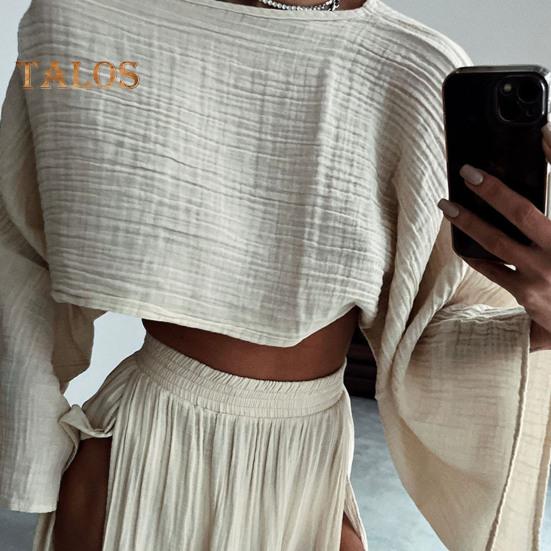 2 шт./компл. женский укороченный топ с юбкой, комплект с длинным рукавом, наклонным вырезом, короткий топ с высокой талией, разделенная юбка, сплошной цвет, пляжное бикини для отдыха, клубный вечерние топ