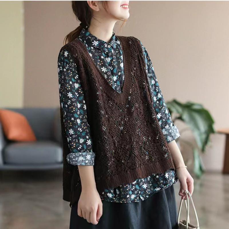 Женский ретро вязаный кардиган без рукавов: Ажурный жилет для весны, лета и осени - Свободный модный топ большого размера