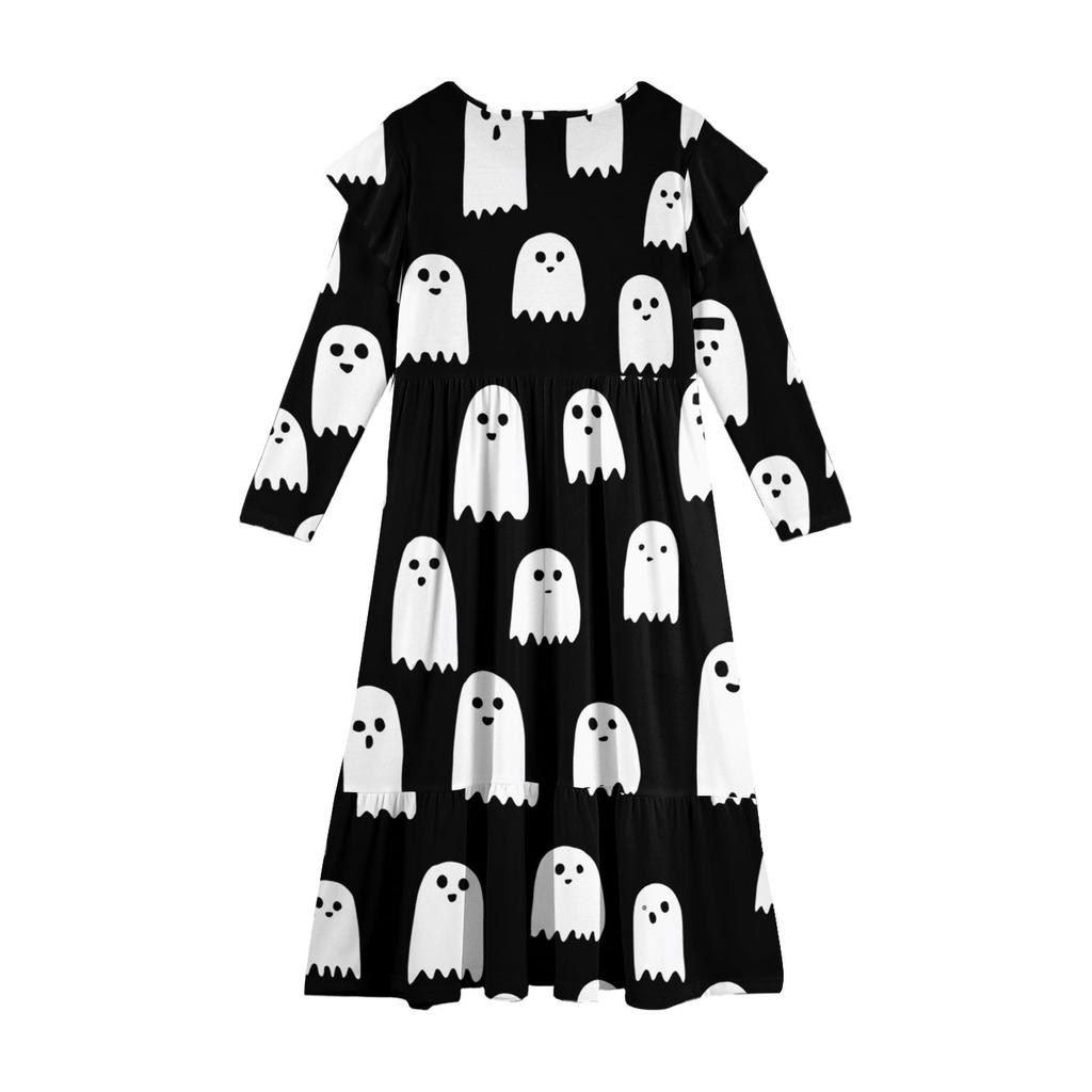 Платье с многоярусными оборками для девочек на Хэллоуин - Макси с длинным рукавом и принтом, с карманами