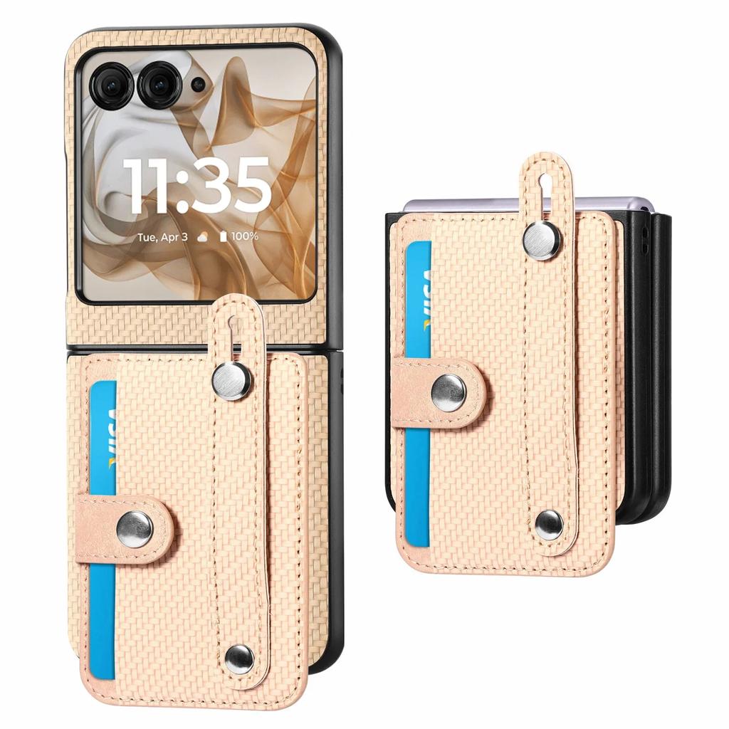 Carbon Fiber Pattern Leather Phone Case For Motorola Razr 60 50 Ultra 40 Multifunctional Card Slot Bag Bracket Wrist Strap Cover