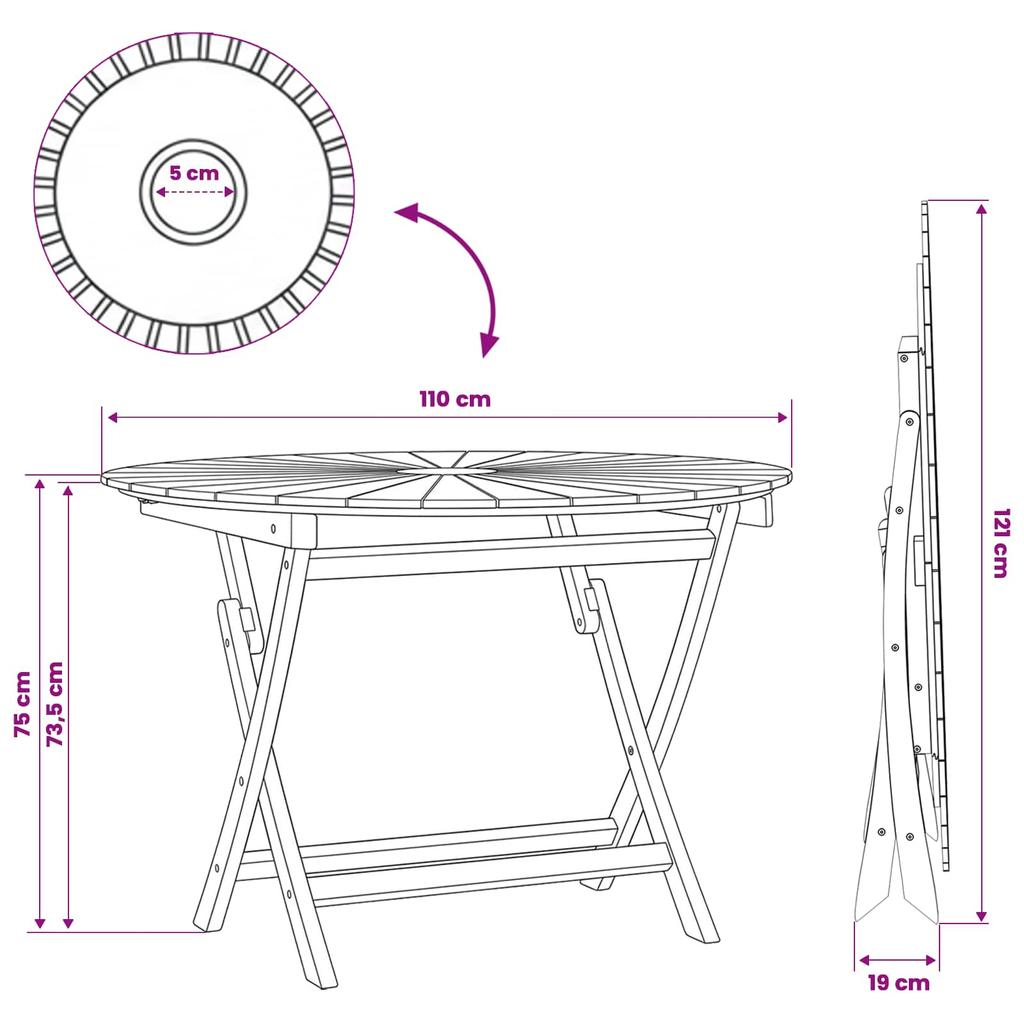 Folding Garden Table Natural Ø 110 x 75 cm Solid Teak Wood