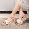 New Female Ankle Strap Buckle Rhinestone Crystal Sandals  Summer Women Round Toe High Heels Fashion Ladies Wedges Shoes Gold