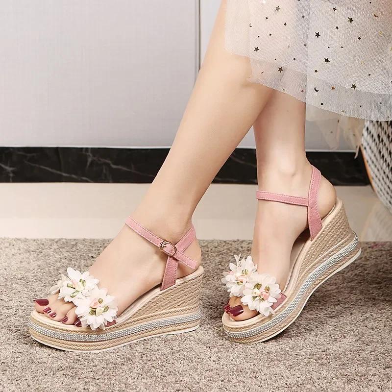 New Female Ankle Strap Buckle Rhinestone Crystal Sandals  Summer Women Round Toe High Heels Fashion Ladies Wedges Shoes Gold