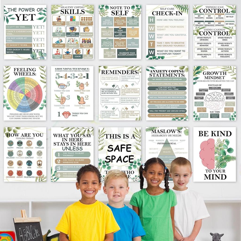 EggSun 15pcs Mental Health Posters for Classroom Office Decor, Calming Corner Therapy Awareness Office Decor Wall Art for School Homeschool