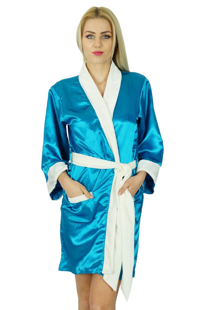 Bimba Women Short Satin Robe Velvet Belt Getting Ready Bridesmaid Robe
