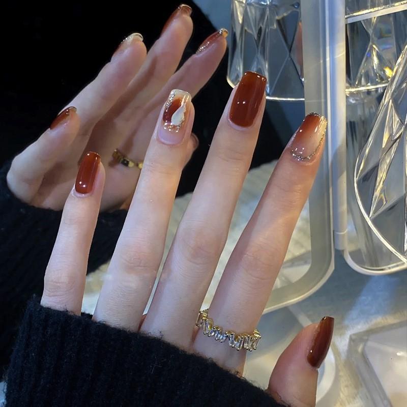 Wearable Fake Nails Wine Red Gradient Star Short Square Women BS2001