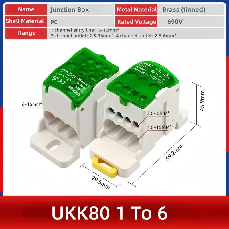 NEW DIN Rail Terminal Block UKK Series 80A Distribution Box One In Six Out Power Wire Electrical Connector Junction Equipment