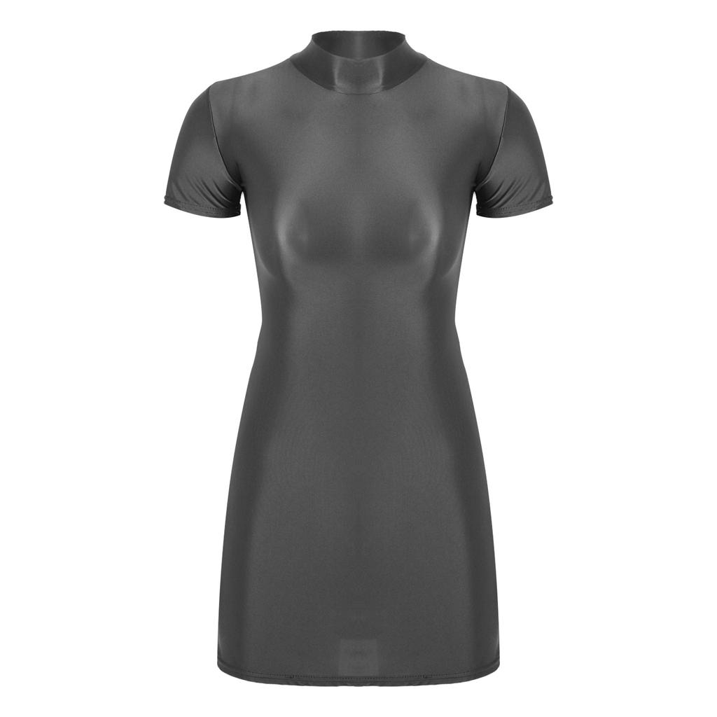 Womens Bodycon Mini Dress Glossy Fabric Mock Neck Short Sleeve Clubwear