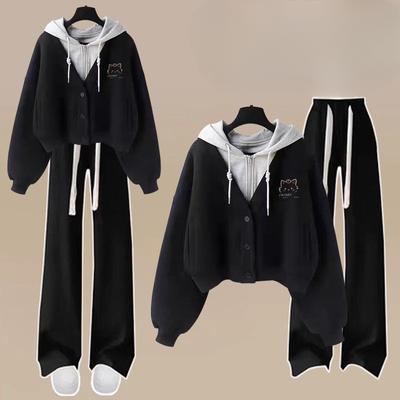 Женский вязаный спортивный костюм Милый костюм в студенческом стиле Утепленный повседневный костюм Полосатый пуловер + брюки Комплект из 2 предметов