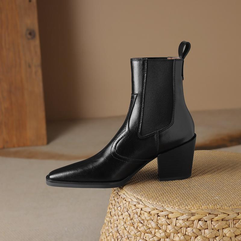 2024 Новые осенние женские сапоги с острым носком и толстым каблуком. Обувь из натуральной кожи для женщин. Лаконичные ботильоны. Сапоги на платформе.