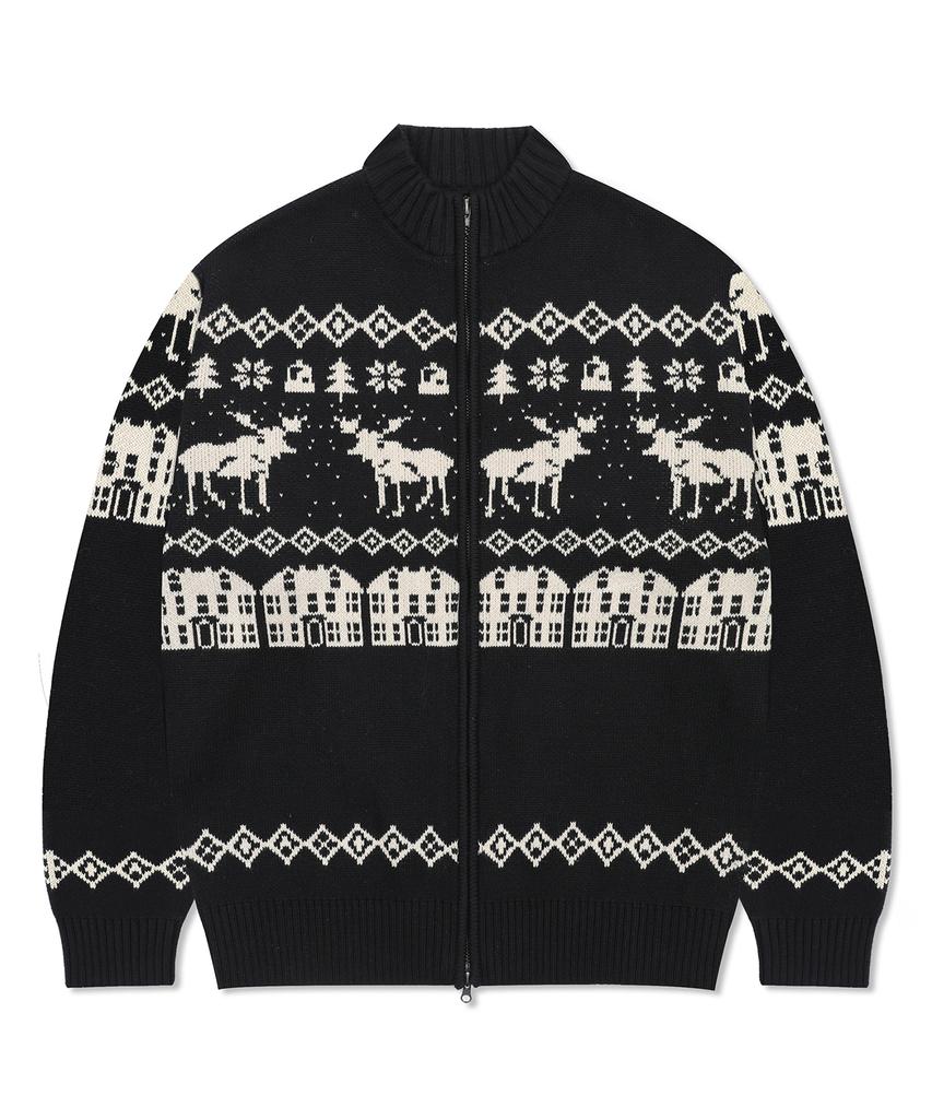 GLACK Gnt071 Kevin Nordic Pattern Knit Zip-Up (Black)