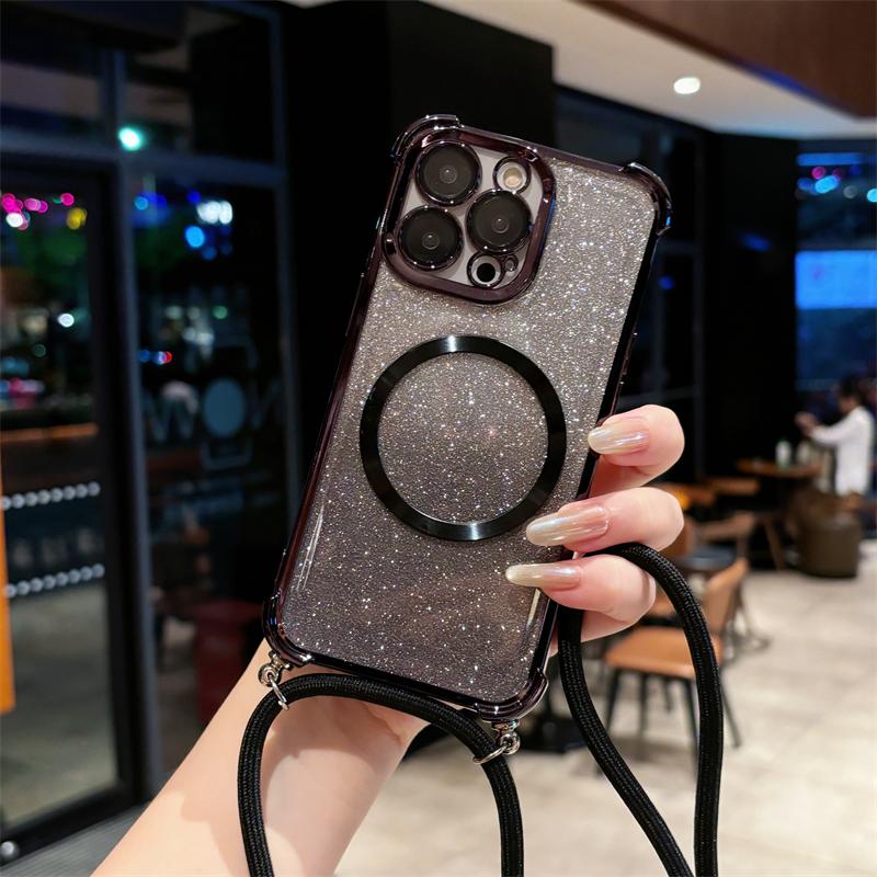 Bling Glitter Case For Xiaomi 15 Pro 15 Ultra 14 Pro 14 Ultra 14T Pro Magnetic Plating Crossbody Lanyard Cord Phone Cover Funda