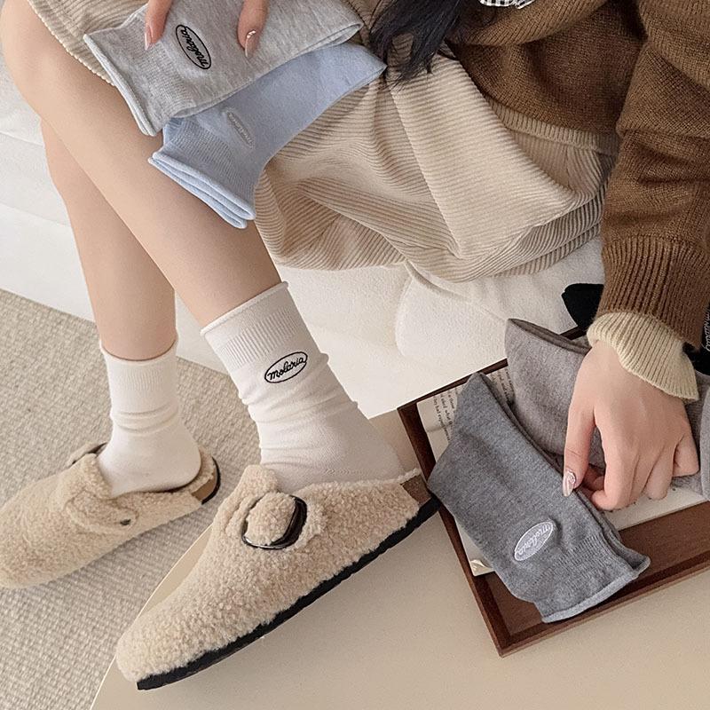 Wool Socks For Women Korean Embroidery Letters Boneless Textured Cotton Socks Casual Socks