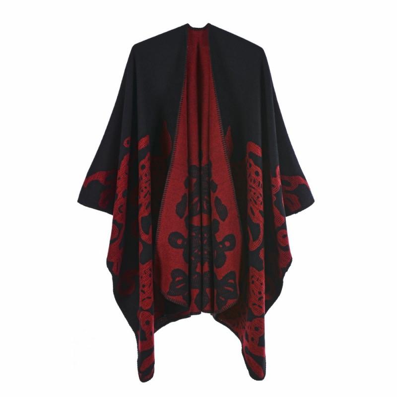 Женский oversized вязаный шарф-накидка с цветочным жаккардом, теплый, толстый, зимний