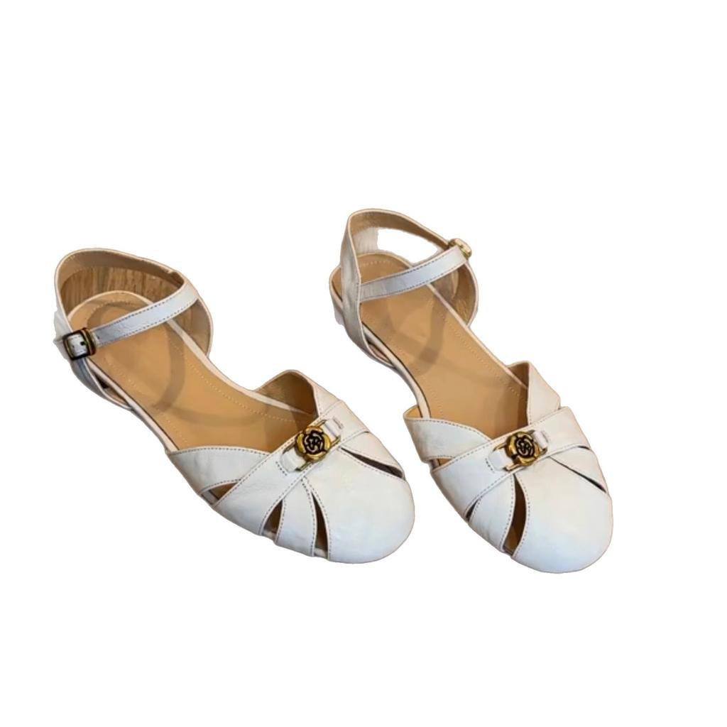 Sheepskin Version~ Camellia Hollow Breathable Roman Shoes Women's Summer Wear Leather Bag Head Shoes Retro Word with Sandals