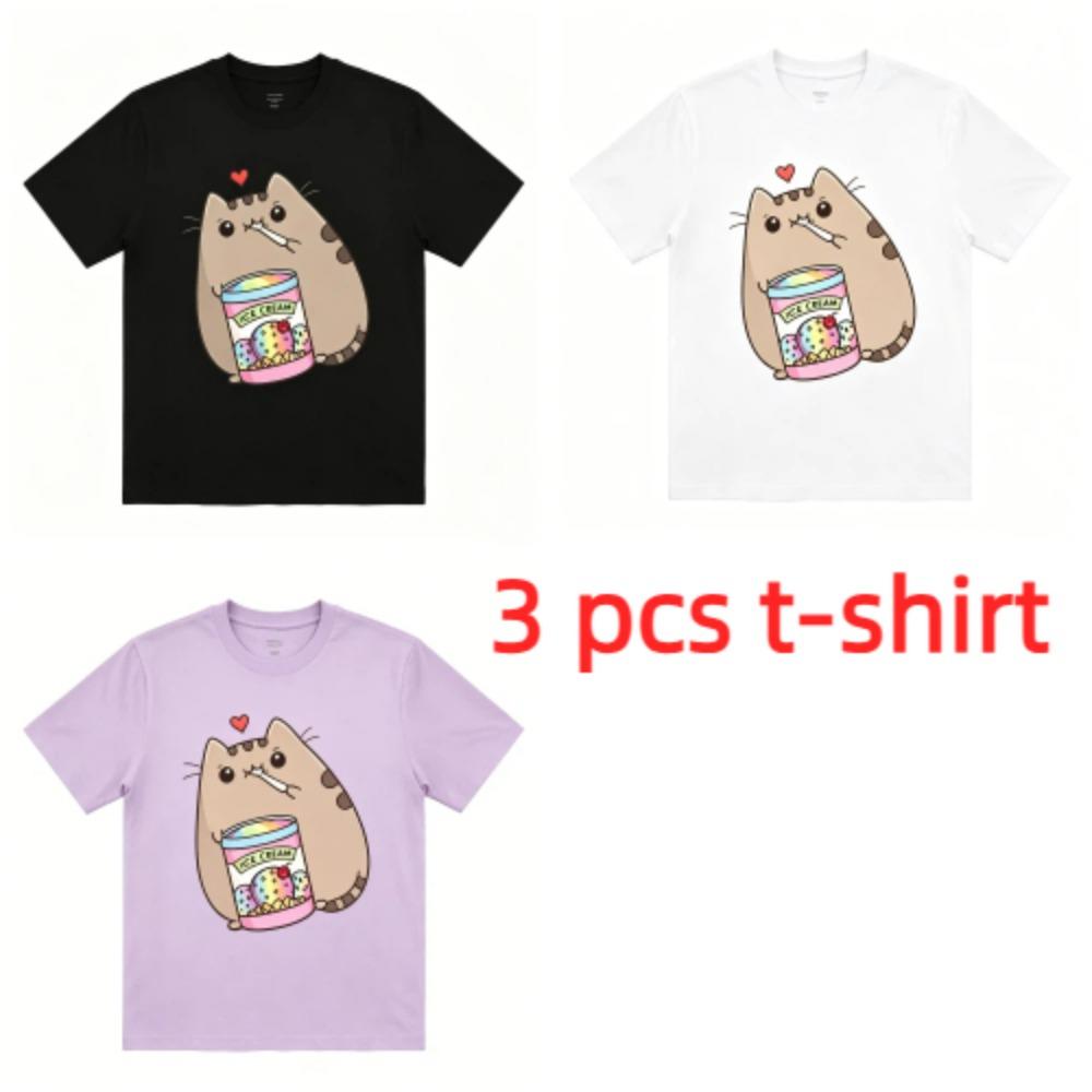 A Cat That Eats Snacks Print Kids T-Shirts Summer Fashion Street Outdoor Casual T-shirt Tops for Boy and Girl's Tees Top