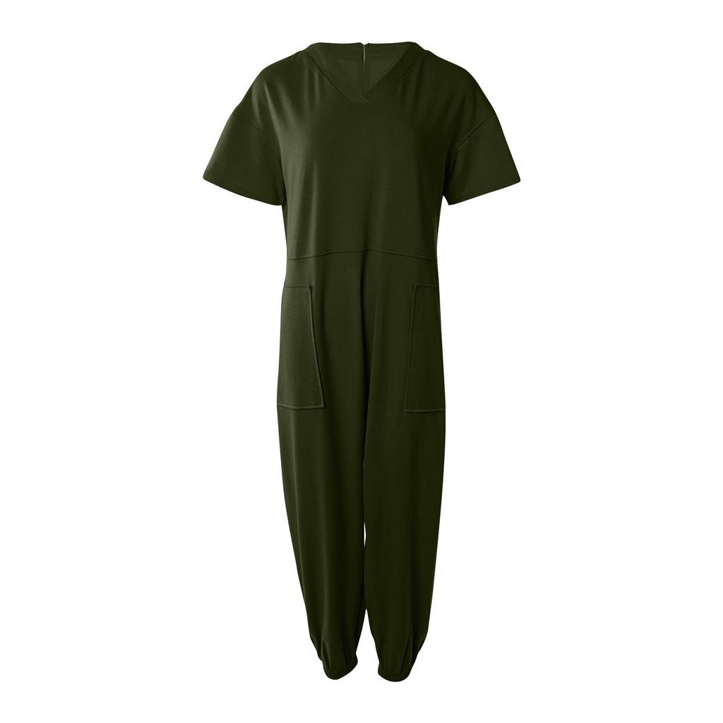 Женский свободный повседневный комбинезон больших размеров с v-образным вырезом и короткими рукавами, однотонный карманный комбинезон