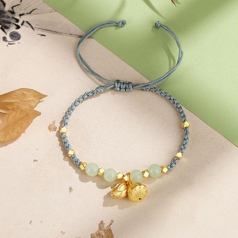 Hetian Jade Ручная веревка Женский серебряный лом 18-каратного золота Пескоструйная обработка Ручная веревка Плетеный браслет с балдахином в виде лотоса S925 Серебро