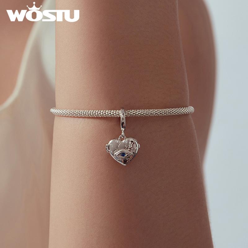 WOSTU 925 Silver Heart Photo Locket Charm Pendant Blue Evil Eyes Openable Memories Pendant Fit Bracelet Necklace DIY Jewelry