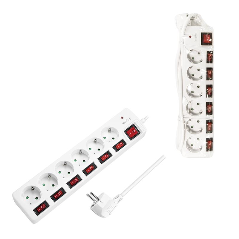 LogiLink 6-socket power strip, 1.5m, 7 switches, surge protector