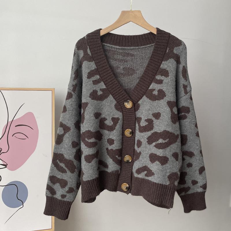 Осенне-зимний вязаный кардиган с животным принтом, женский мягкий утолщенный вязаный свитер с леопардовым принтом, топ