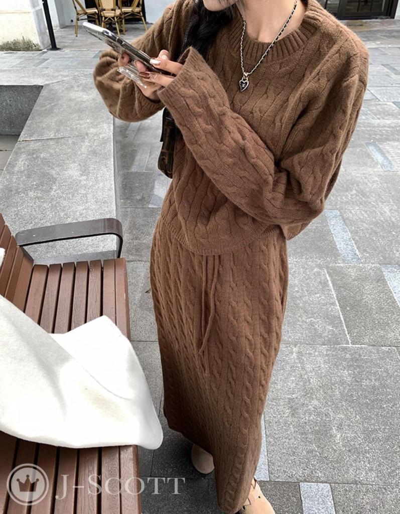 Женский трикотажный костюм-двойка J-Scott с арановым узором и длинной юбкой, силуэт I, коричневый (JS117-BR-XL) - Ограниченный запас