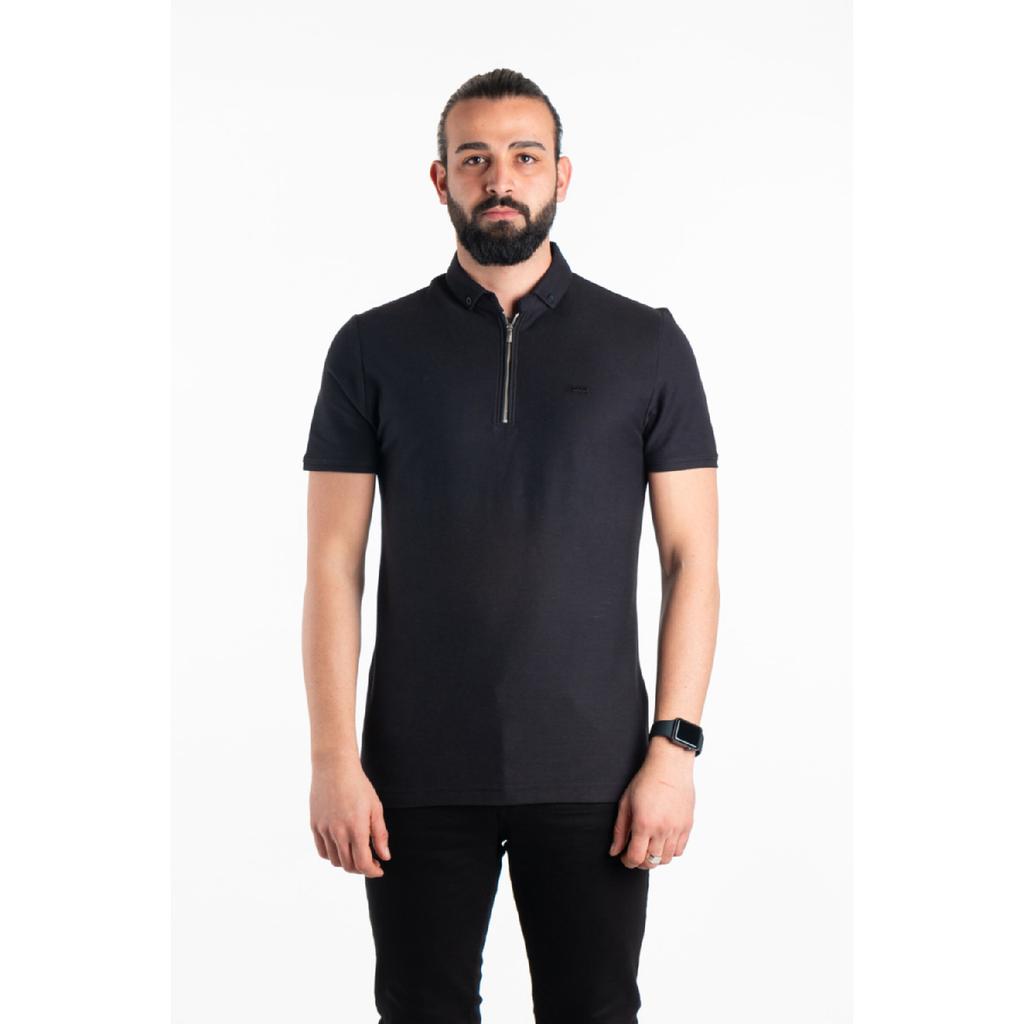 Мужская черная футболка с воротником-поло с молнией и деталями