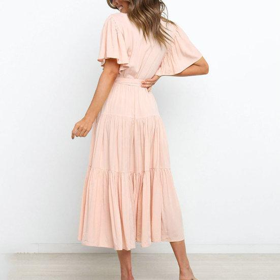 Женское летнее платье миди с v-образным вырезом и короткими рукавами, пояс с высокой талией и рюшами, однотонное платье трапециевидной формы, уличная одежда