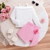Girls' Fashionable Set Summer Children's Elegant One-shoulder Strappy Long-sleeved Shirt + Flowered Pantylottes